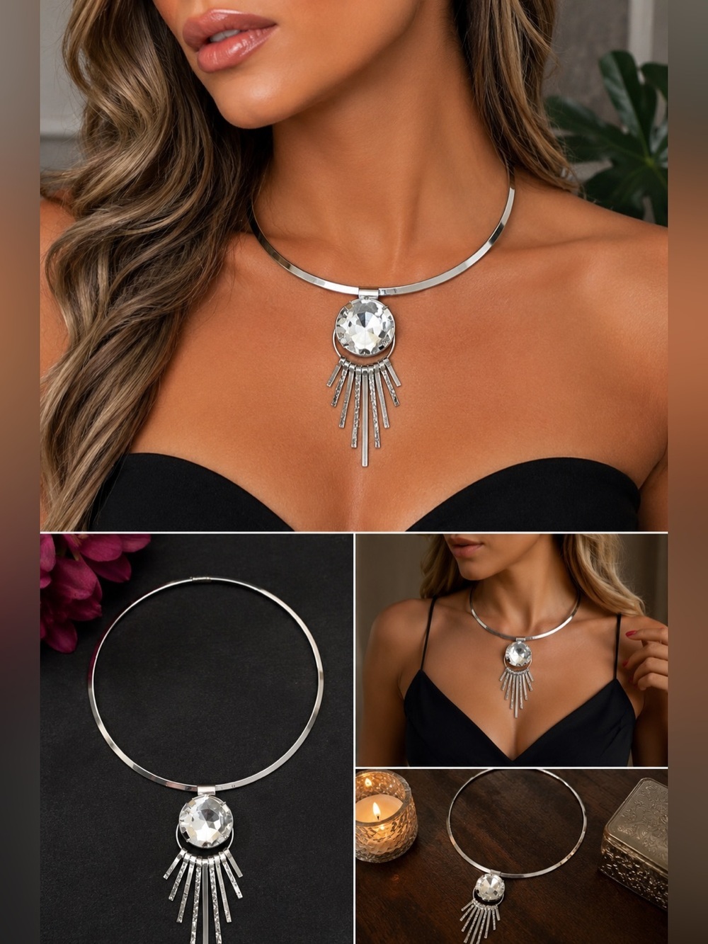Silver Statement Collar Necklace | Crystal Pendant Fringe Choker | Bold Fashion